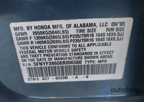 2006 Honda Pilot Ex-L из США, поврежденный, VIN 5FNYF28606B006560